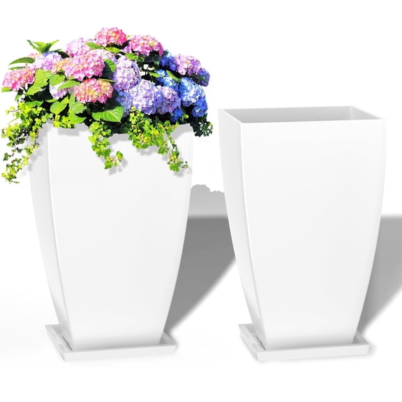 FIASON 2 Pack 21 Inch White Tall Outdoor Large Square-mouthed Planter with Curved Edges,Front Porch Planter Pots with Drainage Design Holes for Patio, Porch, Garden