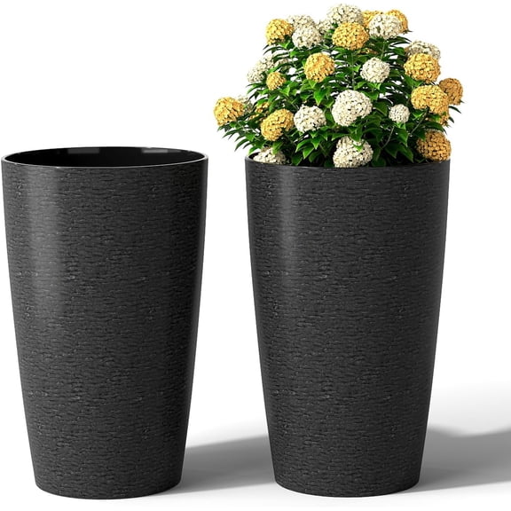 21 Tall Plastic Planters Set of 2, Round Tapered All Weather Flower Pots with Drainage System, Indoor Outdoor Stackable Decorative Plant Containers for Front Porch Home Garden (Black)