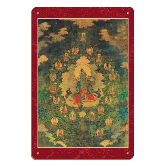 The 21 Taras - Green Tara of the Khadira Fragrant Forest - Vintage Tibetan Thangka Buddhist Painting - Tibet, 18th Century - 8 x 12 inch Vintage Wood Art Sign