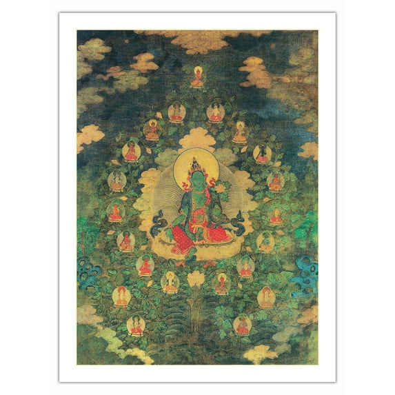 The 21 Taras - Green Tara of the Khadira Fragrant Forest - Vintage Tibetan Thangka Buddhist Painting - Tibet, 18th Century - Fine Art Matte Paper Print (Unframed) 24x32in