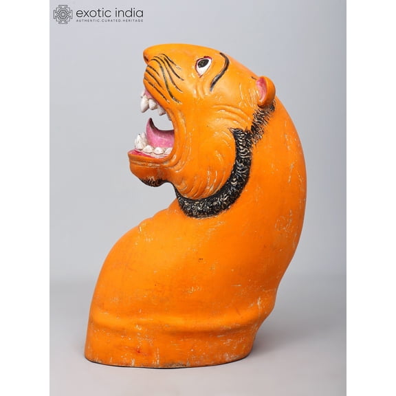 21" Traditional Indian Tiger Head Sculpture with Hand-Painted Finish
