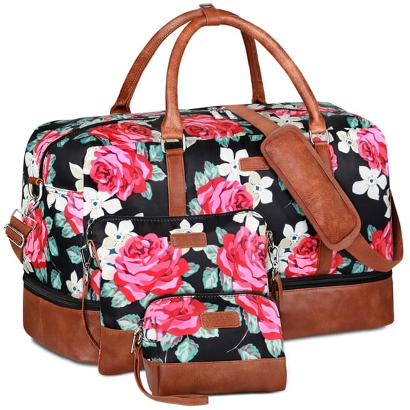 21" Travel Duffel Bag C1-Flower Canvas PU Leather Weekender for Overnight Business Trips