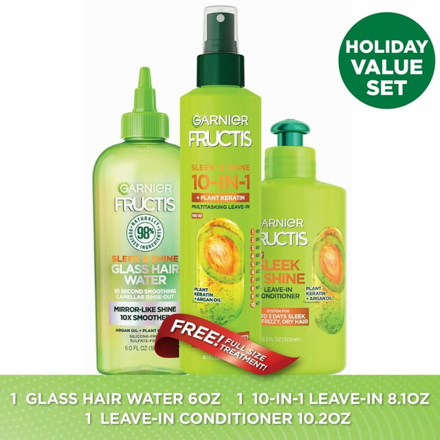 ($21 Value) Garnier Fructis Sleek & Shine Shampoo Conditioner and Treatment Gift Set, Holiday Kit