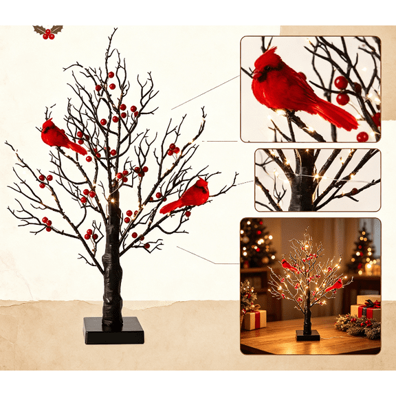 21" Vintage Glowing Tree with Cardinal & Berries, Christmas Decorations Night Light, Red Bird Tree Lights for Home Table Centerpiece Mantel Decor for Tabletop Centerpiece Decorations Holiday Party