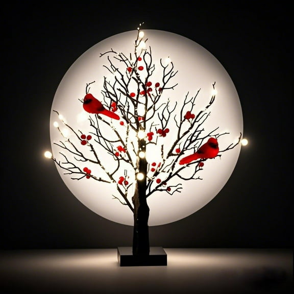 21" Vintage Glowing Tree with Red Bird, Tree with Cardinals and Berries Decorations, Lighted Tabletop Ornament with Red Birds for Holiday Home Xmas Decor and Seasonal Display