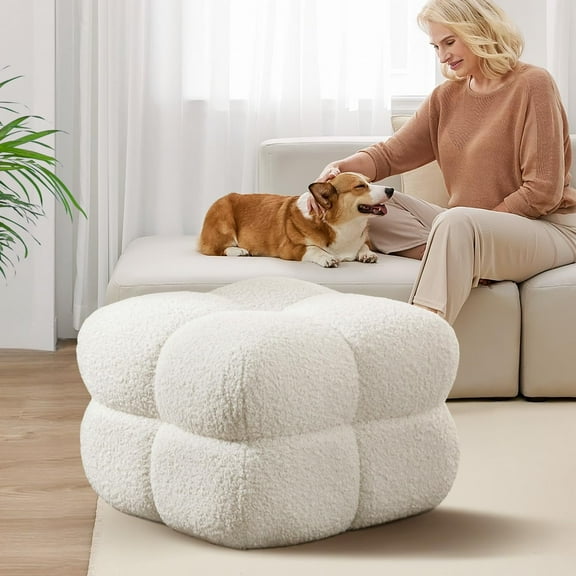 21" W Pouf Ottoman Foot Rest, Large Square Foot Stool for Couch, Upholstered Boho Ottoman with Teddy Fabric for Vanity Room Entryway Bedroom White