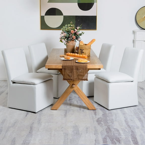 21" Wide Modern Dining Chairs with Casters Set of 4, Performance Fabric Upholstered Rolling Side Chairs for Kitchen Dining Room Living Room (Ivory)