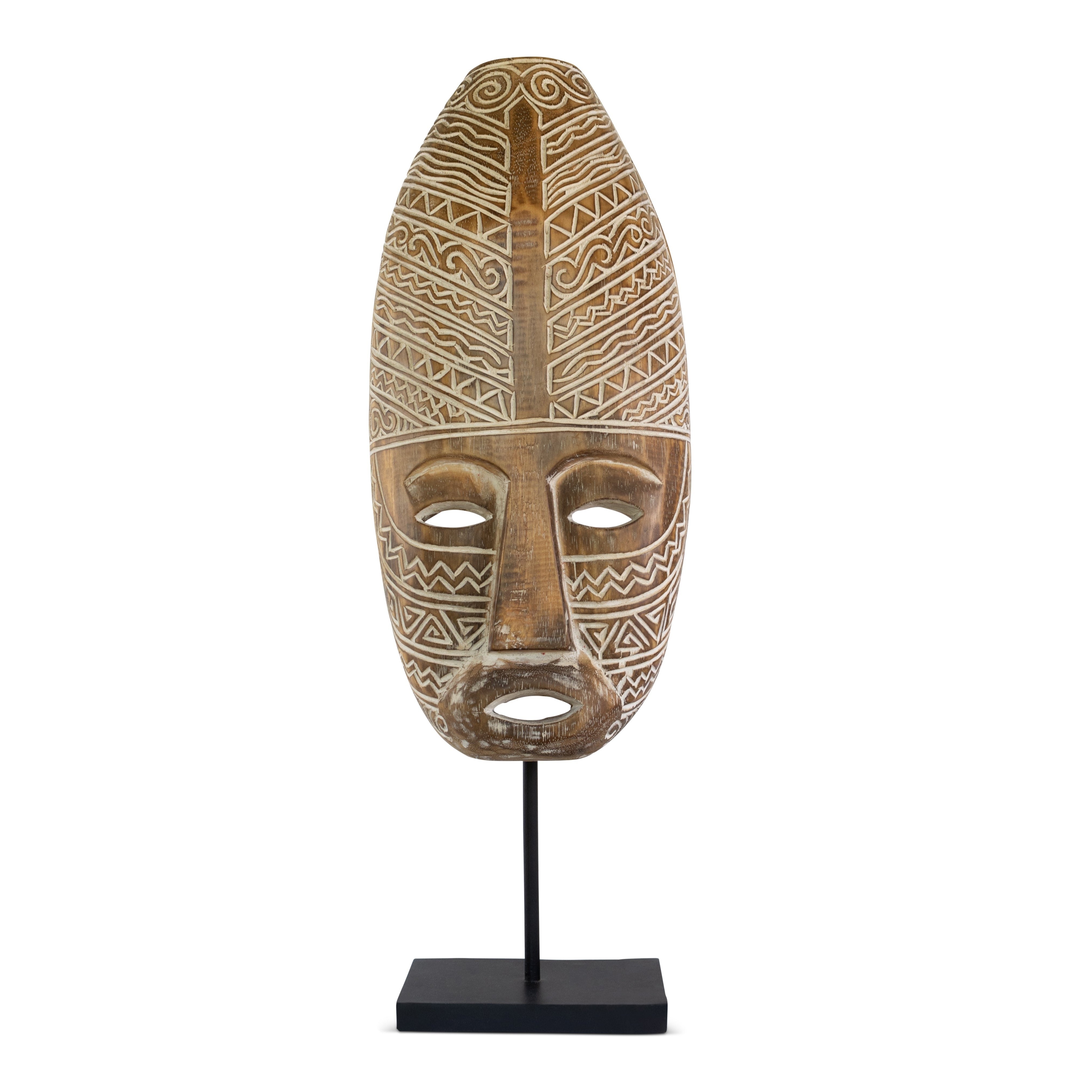 Hand-Carved Brown Wooden Tribal Mask on Iron Stand