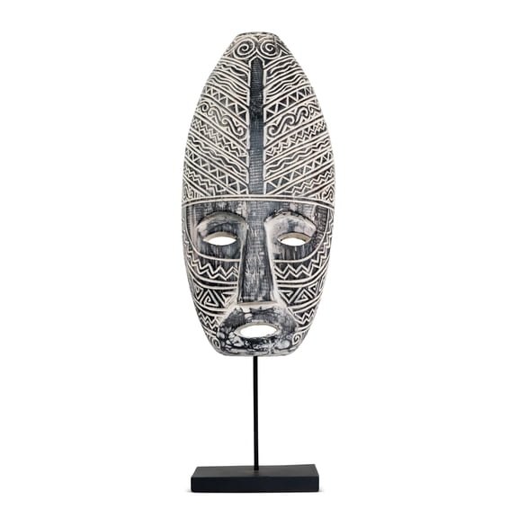 21" Wooden Hand Carved Tribal Ethnic Primitive Mask on Stand Sculpture Figurine Statue Handmade Home Decor Accent Handcrafted Art