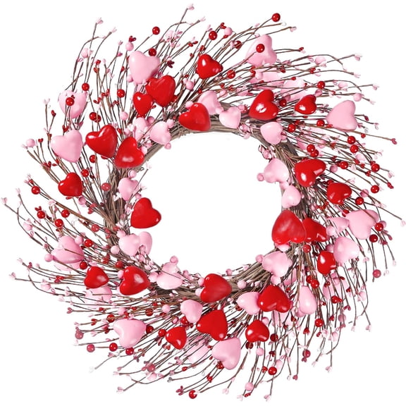 21 Wreath Handmade Foam Heart Shaped Wreath Red Pip Berry Artificial Rustic Twig Wreath Artificial Door Wreath for Wedding Party Home Office Decor