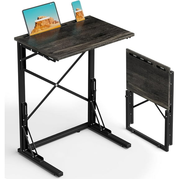 21''Wx28''H Folding TV Tray for Eating, Small Foldable C-Shaped Tray Table with Tablet and Phone Slots, Slide Under Couch Side Table for Recliner, Living Room, Bedroom, Deep Grey