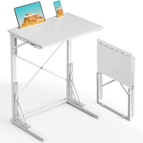 21''Wx28''H Folding TV Tray, Small Foldable C-Shaped End Table for Eating with Tablet and Phone Slots, Slide Under Couch Side Table for Recliner, Living Room, Bedroom, White