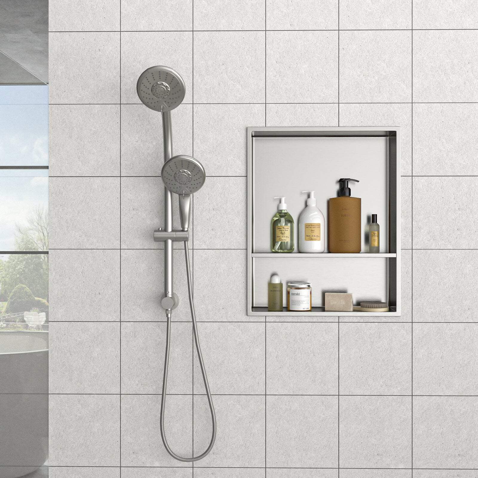 Brushed Nickel Stainless Steel Wall Mounted Shower Niche with Double Shelf