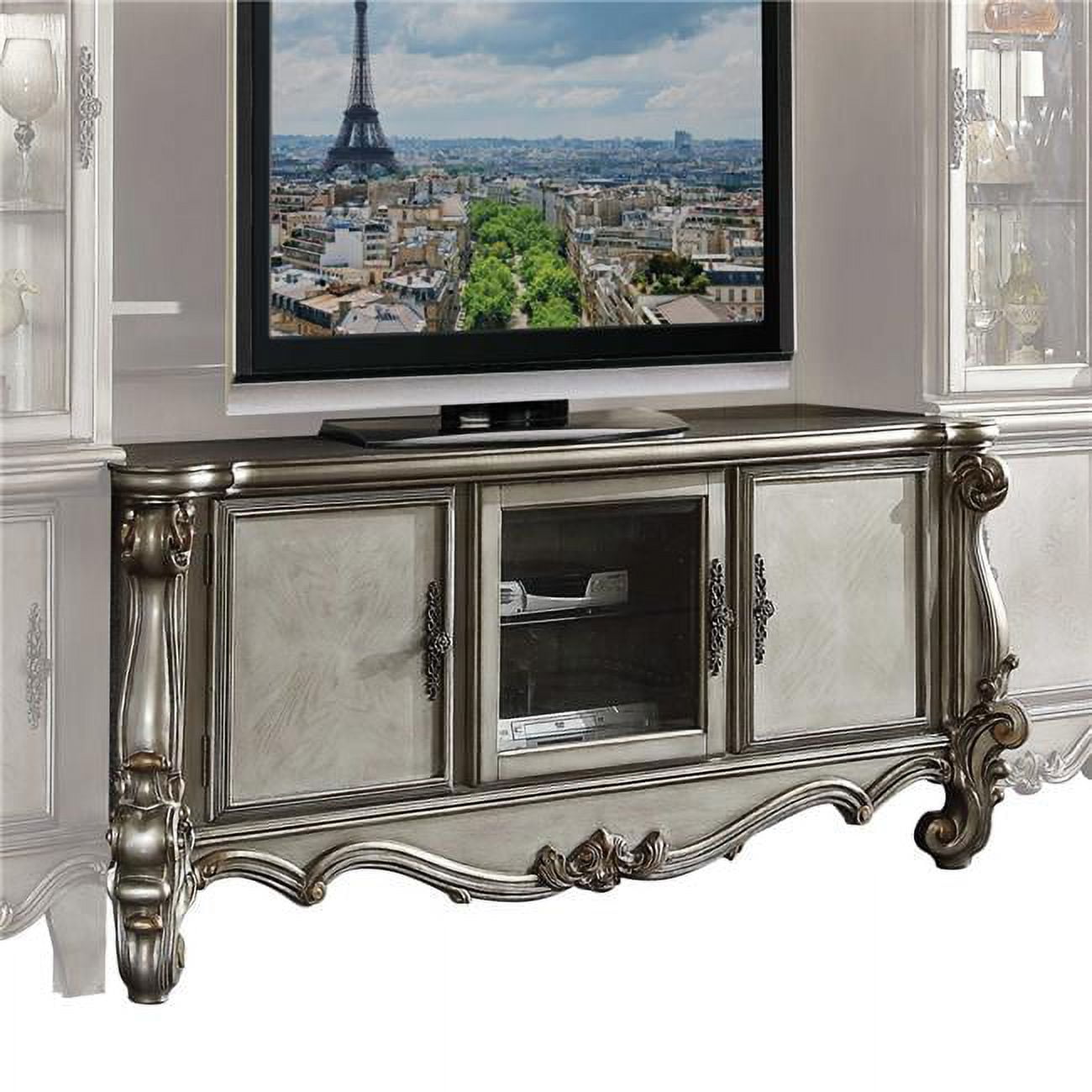 Antique Platinum 74'' Wood and Glass Media Console with Cabinet