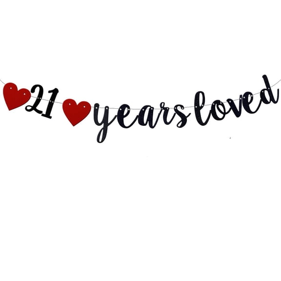 21 Years Loved Banner, Black and Red, Glitter Script, Heart Accents, 21st Birthday Party Decoration