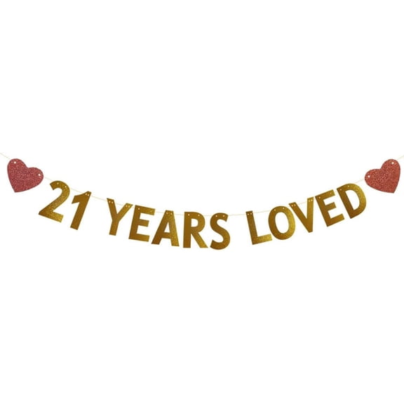 21 Years Loved Banner, Gold Glitter Letters with Red Glitter Hearts, 21st Birthday Party Decoration