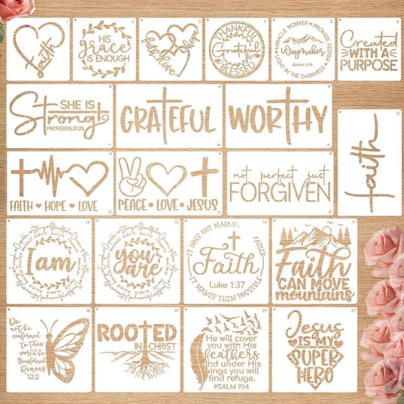21 count Christian Stencils for Crafts, Faith Stencil Drawing Templates Verse Motivational Religious Stencils for Painting Sign Fabric Decoration Decor Card Making