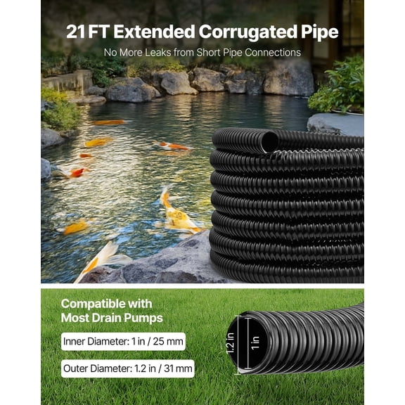 21 ft Corrugated Pond Tubing,1"Inner Diameter,Flexible PVC Hose,Black Drain Pipe,Plastic Corrugated Water Tubing for Pond,Pump,Fountain,Garden,Swimming Pools,Filters,(1 pcs)