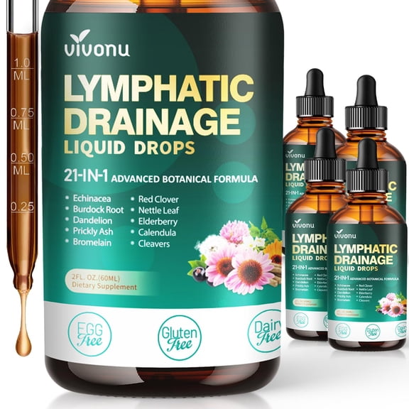 21-in-1 Lymphatic Drainage Drops for Liposomal,Immune & Lymph System Support Supplement for Women & Men with Echinacea, Dandelion,Burdock,Bromelain,Calendula,Turmeric & More,4 Pack