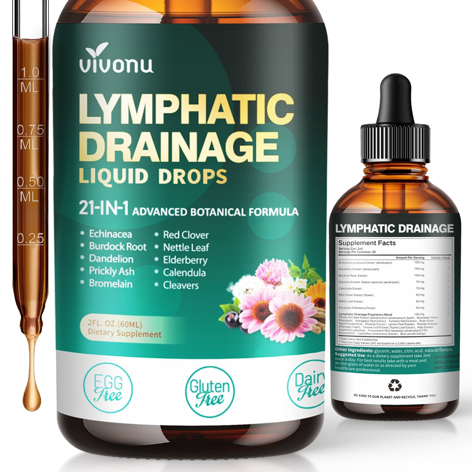 21-in-1 Lymphatic Drainage Supplements Drops,Immune & Lymph System Support | Liposome Technology,Increase Absorption Rate with Echinacea, Dandelion,Burdock,Bromelain,Calendula,Turmeric,1Pack
