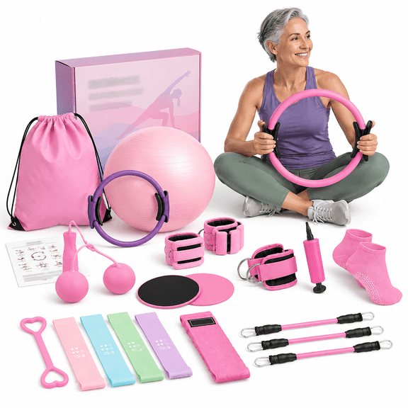 21-in-1 Pilates Fitness Set with 15-inch Ring, Yoga Ball, Resistance Bands, and Home Workout Accessories