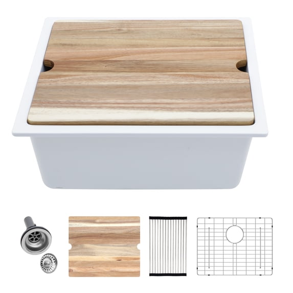 21 in. Undermount Single Bowl Workstation Kitchen Sink in White Quartz Composite Round Corner with Bottom Grid