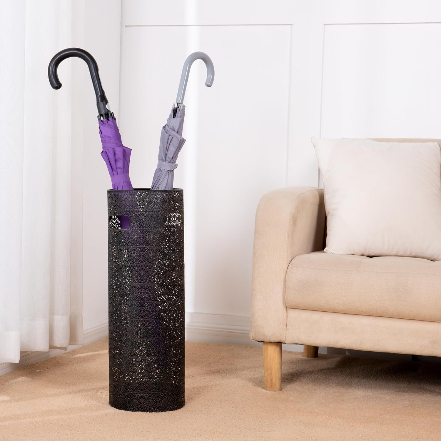 21 inch Heavy Duty Metal Umbrella Stand - Durable Storage Holder for Umbrellas - Indoor and Outdoor Use - Stylish and Modern Organizer for Entryways. (Black Lace)
