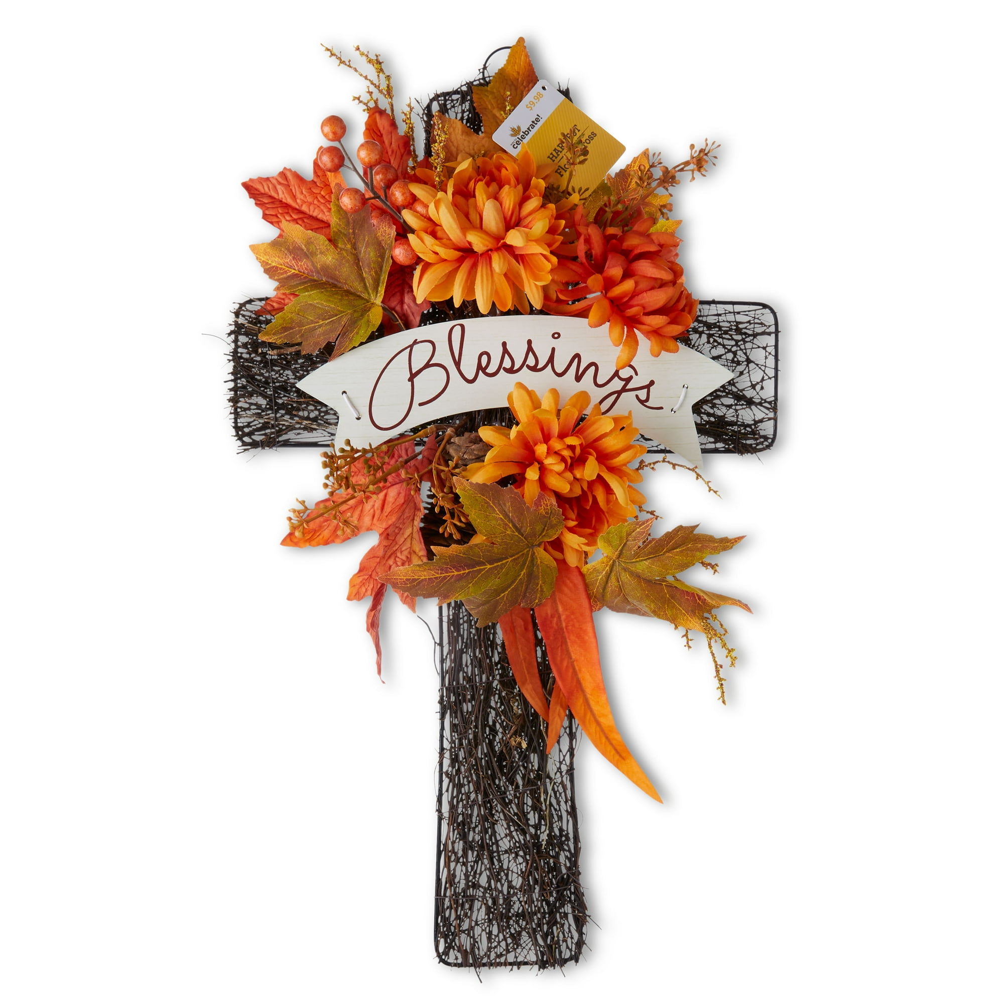21 inch Height, Fall, Harvest Multi-Color Blessings Floral Hanging Cross Decoration, Way to Celebrate