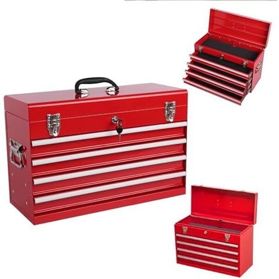 21-inch Portable Metal Tool Box with 4 Drawers, Steel Toolbox with Locking Lid, EVA-Lined Ball-Bearing Slides & Powder-Coated Finish, Top Tool Chest for Mechanic & Craftsman Use, Red$$Tools