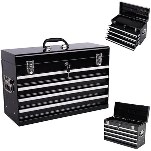 21-inch Portable Metal Tool Box with 4 Drawers, Steel Toolbox with Locking Lid, EVA-Lined Ball-Bearing Slides & Powder-Coated Finish, Top Tool Chest for Mechanic & Craftsman Use, Black$$Tools