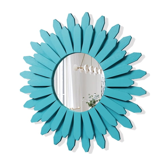 21 inch Rustic Wood Mirror Sunburst Boho Mirror for Entryway Bedroom Living Room Bathroom, Cyan