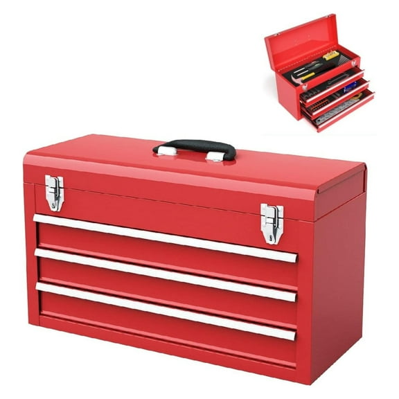 21-inche Tool Box, Portable 3 Drawer Steel Toolbox with Top Storage Tray & Carrying Handle, Double System, Tool Storage Chest Hand Carry Tool Cases for Garage Trunk Household, Red