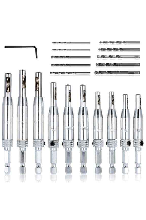 21 pcs Center Drill Bit Set, AFUNTA Self Centering Hinge Tapper Core Hole Puncher 5/64'' 7/64'' 9/64'' 11/64'' 13/64'' 5mm 1/4'' & 1 Pcs Hex Key & 10 Pcs Replacement Drill Bits