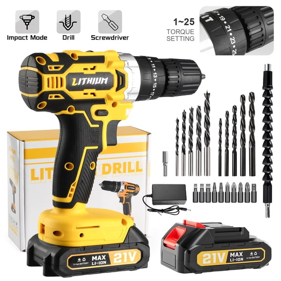 21-piece Yellow Cordless Drill Bit Set with 25+ Speed Settings, Built-in LED Light, Wireless Charging Drill Set, Comes with 2 Batteries