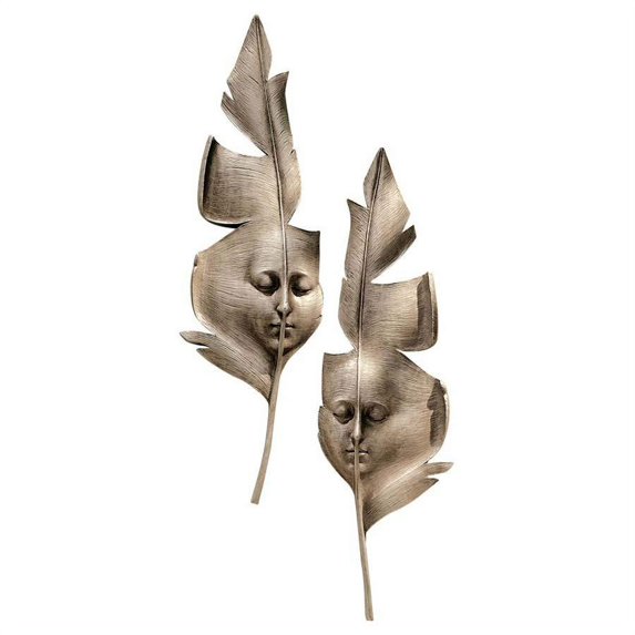 21" Italian Carnival Venetian Greenmen Feather Wall Mask Art Deco - Set Of 2