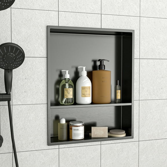 21" x 17" Gunmetal Black Stainless Steel Double Shelf Shower Niche - Waterproof, Rustproof, Easy Install for Bathroom, Kitchen, Cupboards, & More