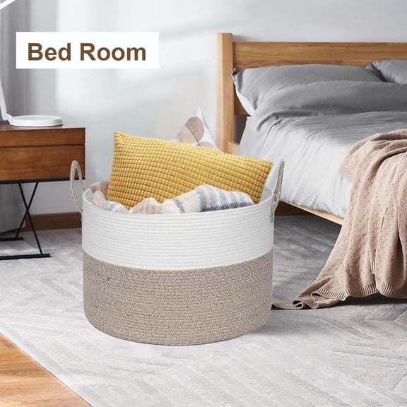 21" x 18" Extra Large Storage Baskets, Decorative Blanket Basket with Lid for Living Room, Rope Baskets with Lid, Wicker Hamper for Bedroom, Big, Round, White & Brown 115L