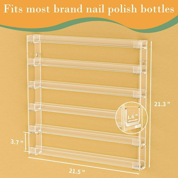 21 x 21 Inch Nail Polish Wall Rack, 6 Tier Clear Acrylic Organizer for 90-120 Bottles, Easy Install