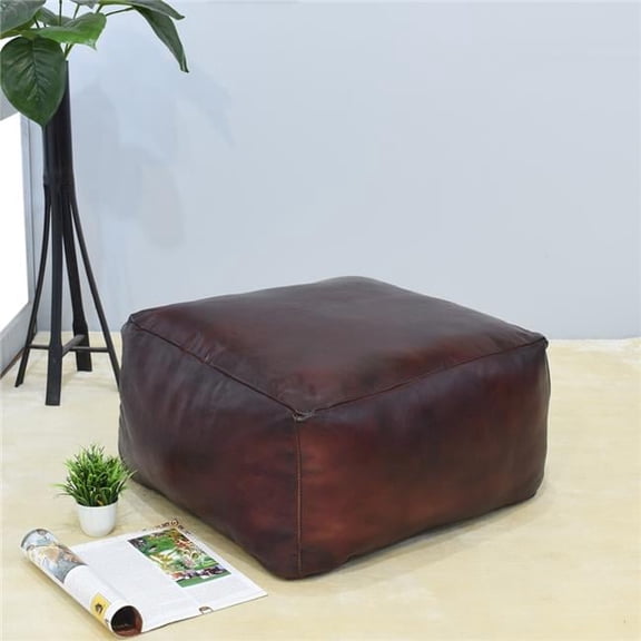 21 x 21 x 12 in. Recycled Foam Solid Handmade Leather Square Ottoman Pouf with Fibre Fill, Cherry