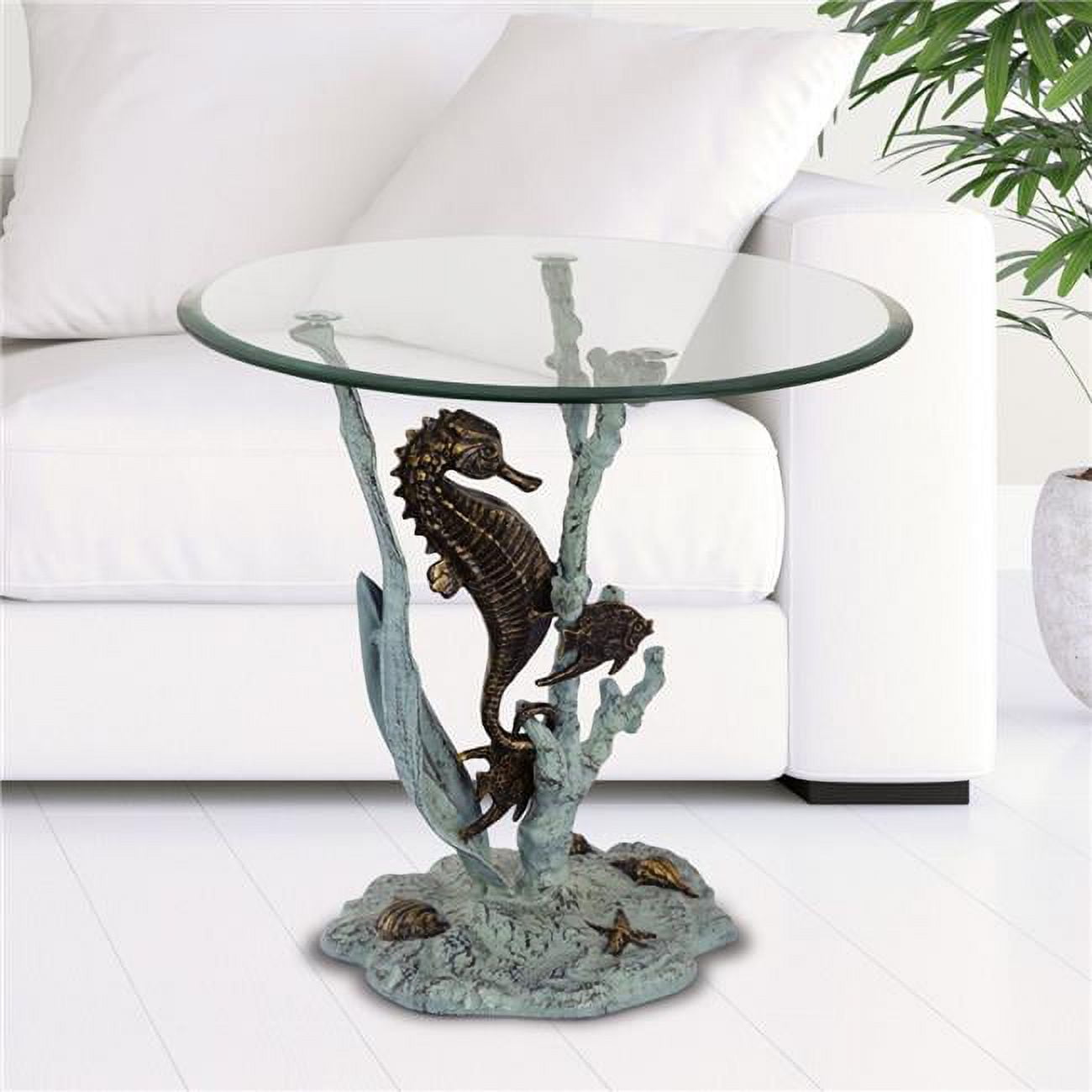 Coastal Charm Round Glass Seahorse End Table