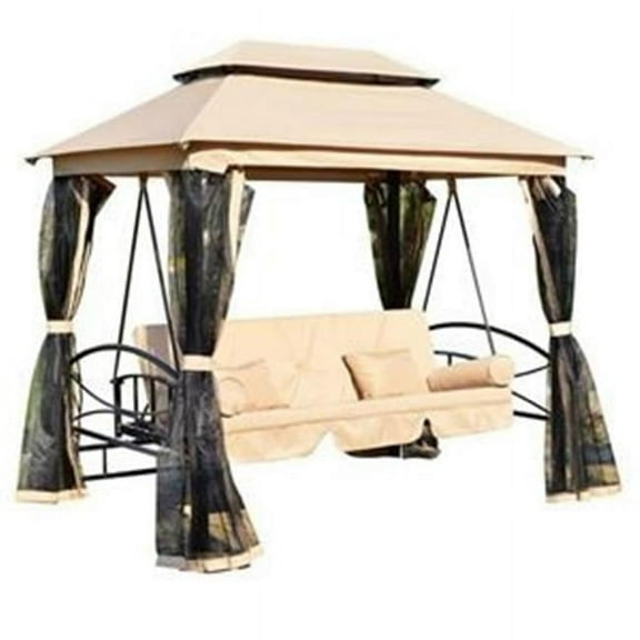 21 x 46 x 74.5 in. Outdoor Patio Daybed Canopy Gazebo Swing - Tan with Mesh Walls