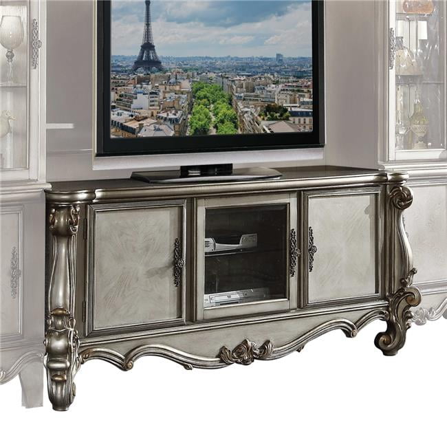 Antique Platinum 74'' Wood and Glass Media Console with Cabinet