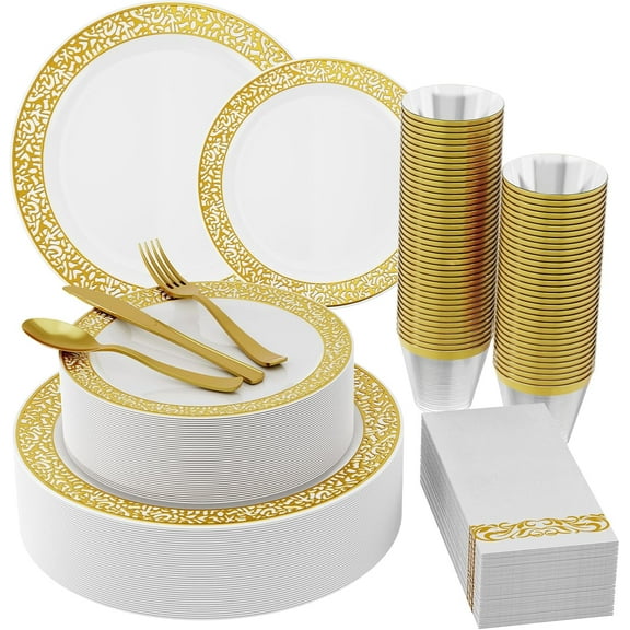 210 Count Gold Plastic Dinnerware, Gold Disposable Plates, Includes: 30 Dinner & 30 Dessert Plates & 30 Cups & 30 Paper Napkins & 30 Plastic Silverware Set -for Thanksgiving, Christmas, Parties