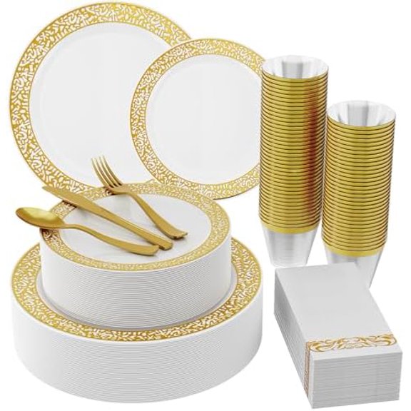 210 Count Gold Plastic Dinnerware, Gold Disposable Plates, Includes: 30 Dinner & 30 Dessert Plates & 30 Cups & 30 Paper Napkins & 30 Plastic Silverware Set -for Thanksgiving, Christmas, Parties
