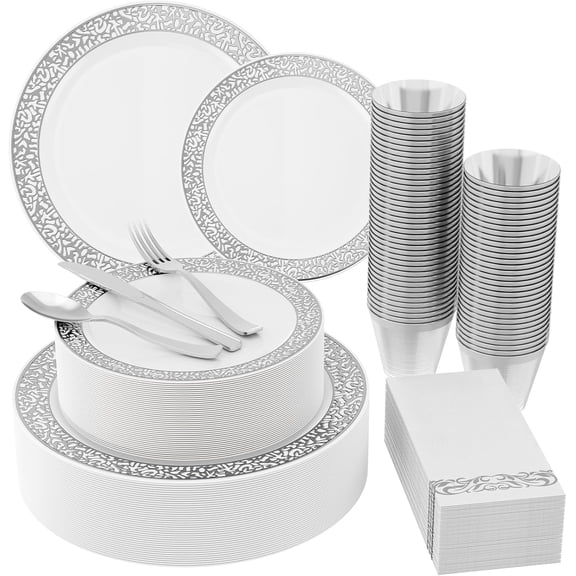 210 Count Silver Plastic Dinnerware, Silver Disposable Plates, Includes 30 Dinner & 30 Dessert Plates & 30 Cups & 30 Paper Napkins & 30 Plastic Silverware Set