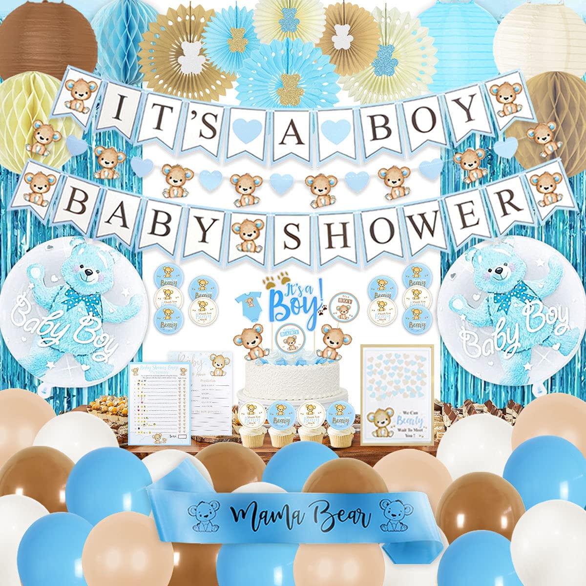 210 PC Teddy Bear Baby Shower Decorations for Boy Kit- It's a BOY Pre-Strung Banners, Garland, Streamers Guestbook Mommy Sash Blue Brown Balloons Cake Toppers Paper Fans Lantern Games & Favor Sticker