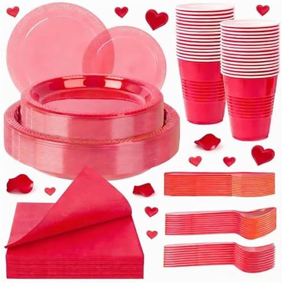 210 PCS Clear and Red Plastic Plates for 30 Guests - Disposable Dinnerware Set Including Dinner Plates, Dessert Plates, 12oz Cups, Cutlery & Napkins, Red Party Plates for Valentines