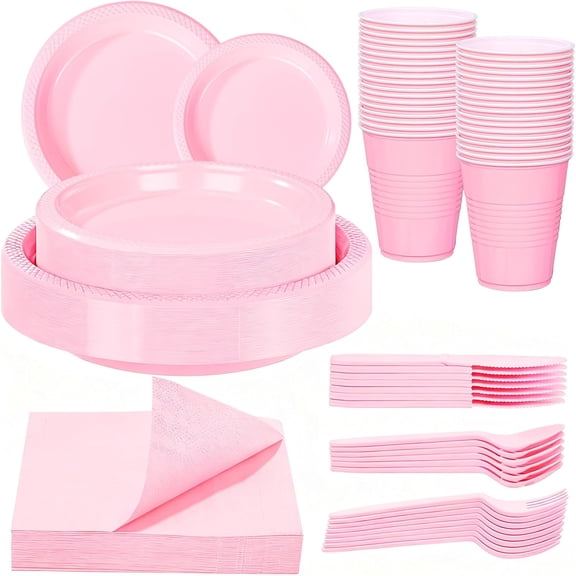 210 PCS Pink Plastic Plates for 30 Guests - Disposable Dinnerware Set Including Dinner Plates, Dessert Plates, 12oz Cups, Cutlery & Napkins, Pink Party Plates for Valentines and Galentines