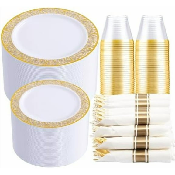 210 PCS Thanksgiving Gold Plastic Plates, Thanksgiving Plastic Dinnerware Sets, Includes: 30 Dinner Plates, 30 Salad Plates, 30 Pre Rolled Napkins with Gold Silverware and 30 Cups 9 OZ