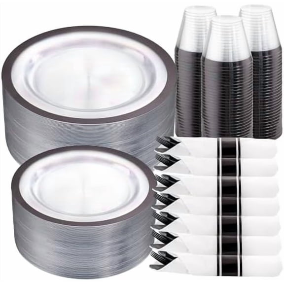 210 Pcs Clear and Black Plastic Plates, Disposable Dinnerware Set, Include 30 Dinner 30 Dessert Plates,30 Plastic Cups 9 OZ,30 Pre Rolled Napkins with Cutlery for Birthday, Wedding & Party